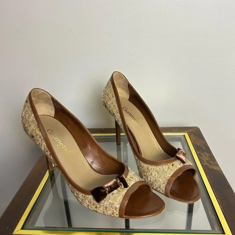 GUNMETAL Made in Italy  Brown and Tan Stiletto High Heels Fabric-Leather 41-10.5